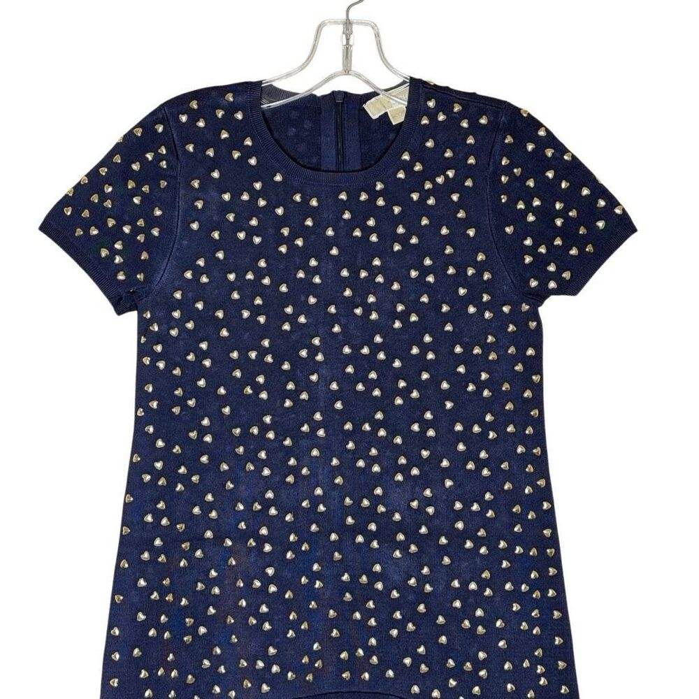 Michael Kors Blue Short Sleeve Studded Mini Dress Size XS Stretch Knit Flare - Picture 2 of 12